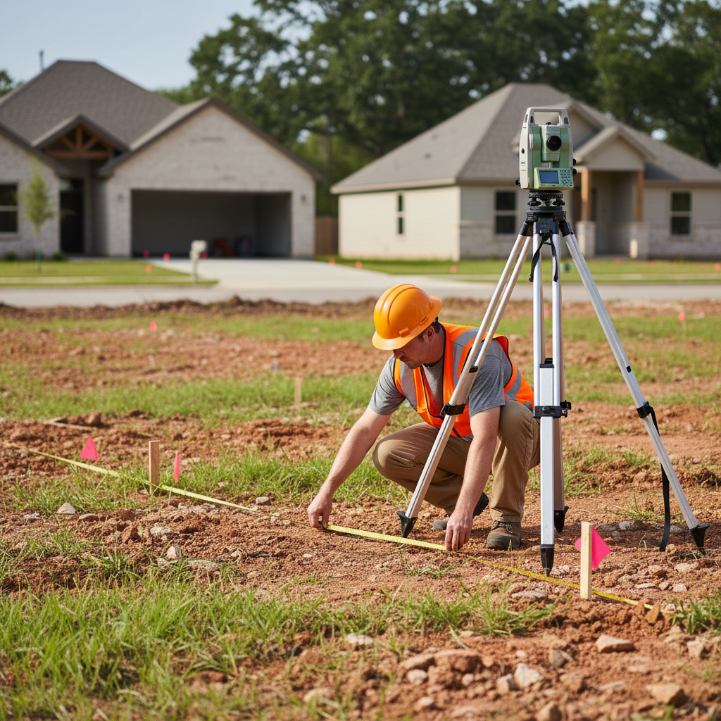 Surveyor measuring property boundaries on a residential lot
