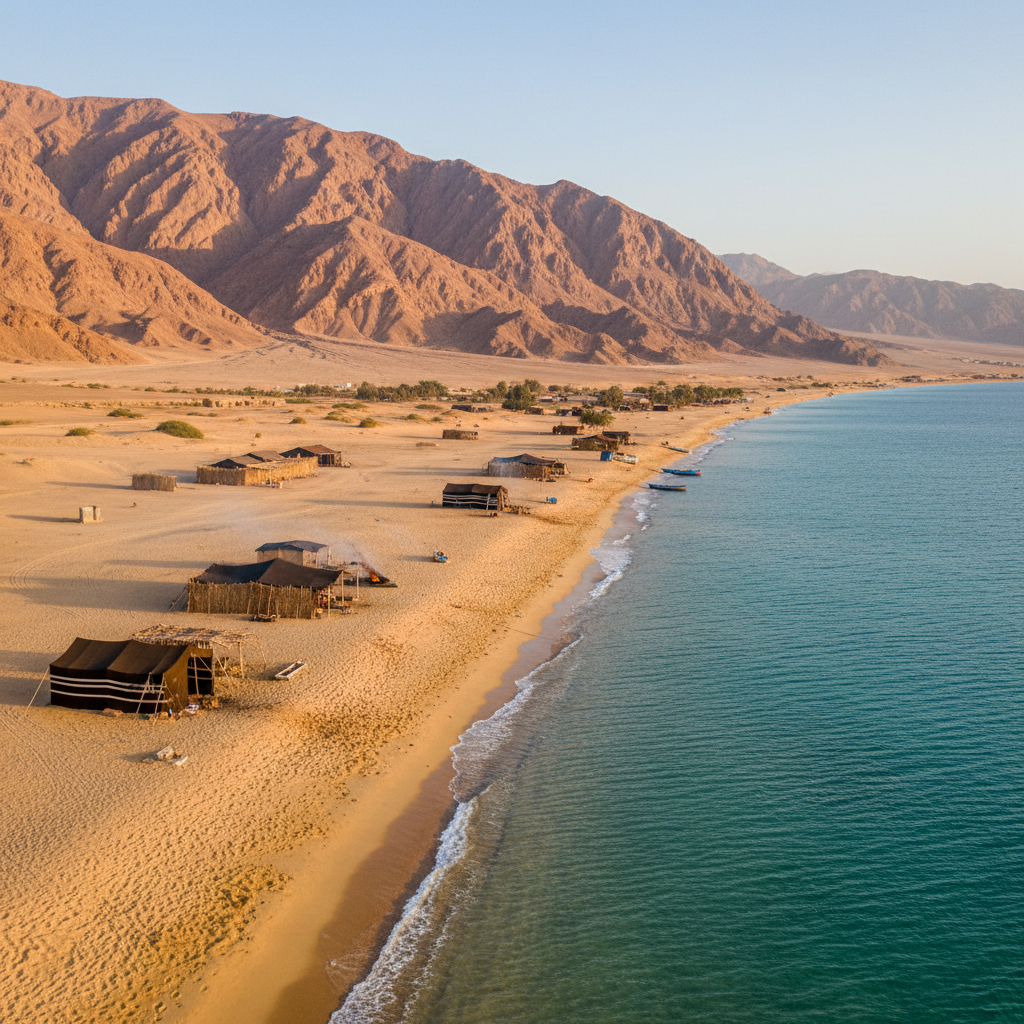 Nuweiba beach with Bedouin camps and Sinai mountains