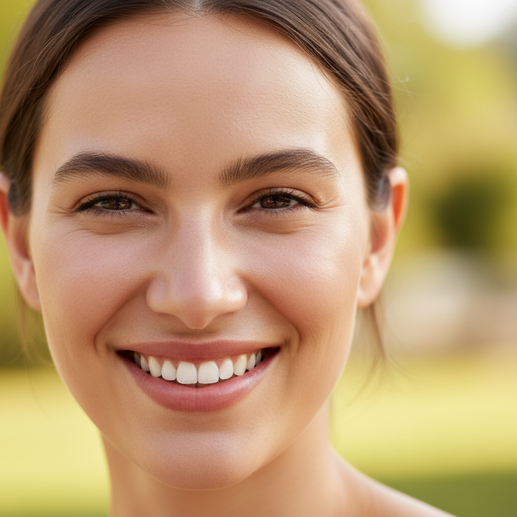 Young woman with glowing healthy skin smiling confidently, bright natural daylight