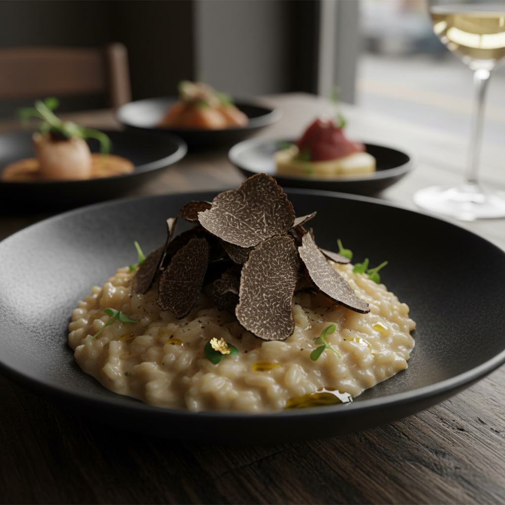 Creamy black truffle risotto with Parmesan shavings