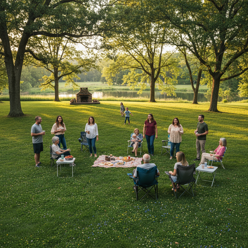 Warm summer family gathering outdoors on green lawn with sunlight filtering through trees