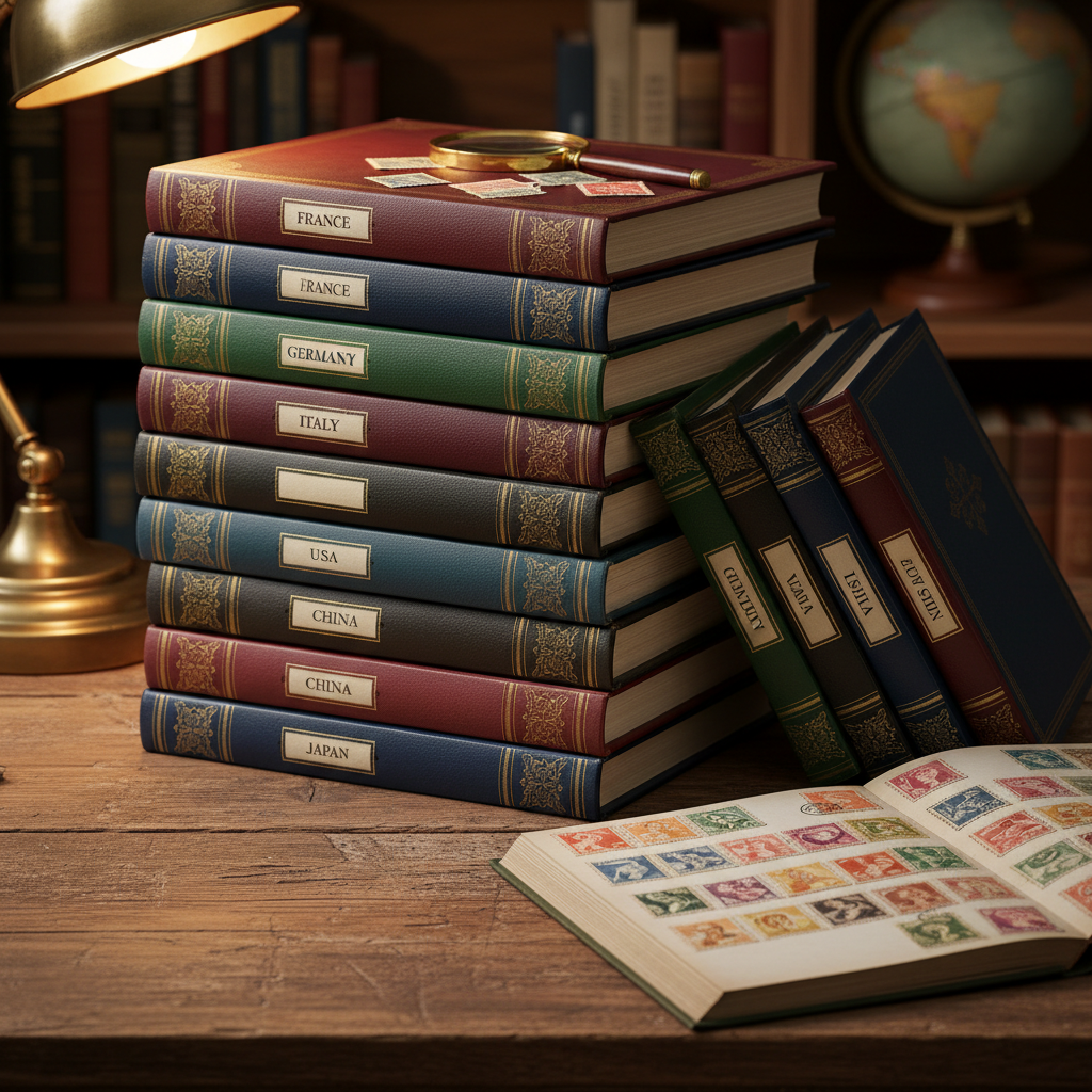 Stack of philatelic stamp albums with country labels on wooden desk