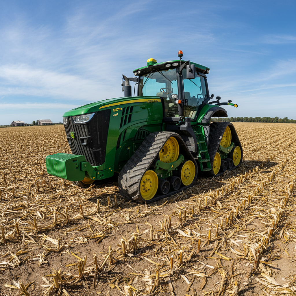 Green John Deere 6130R tractor in farmyard