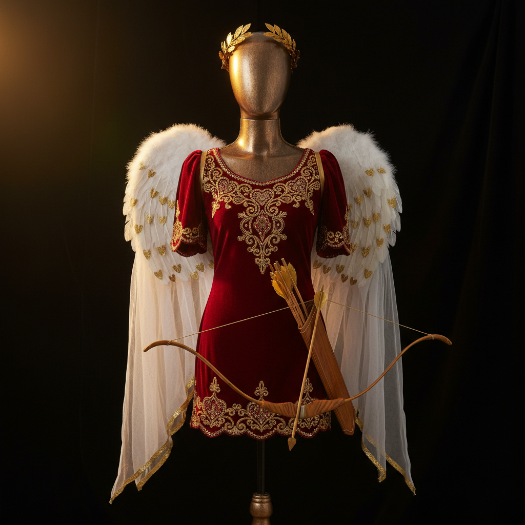 Theatrical Cupid costume displayed on a mannequin against a dark background with gold lighting