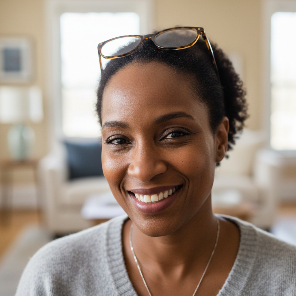 Black woman in her 40s smiling with reading glasses on her head