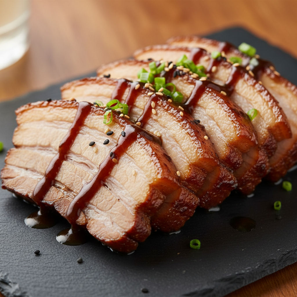 Slow braised pork belly sliced on dark plate with coffee-dark glaze