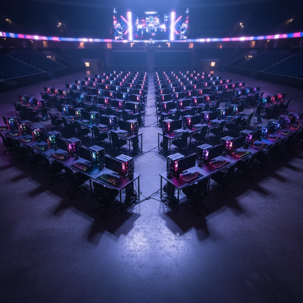 Main arena floor with 60 gaming rigs, RGB peripherals pulsing in standby mode, indigo and magenta light casting across brushed concrete