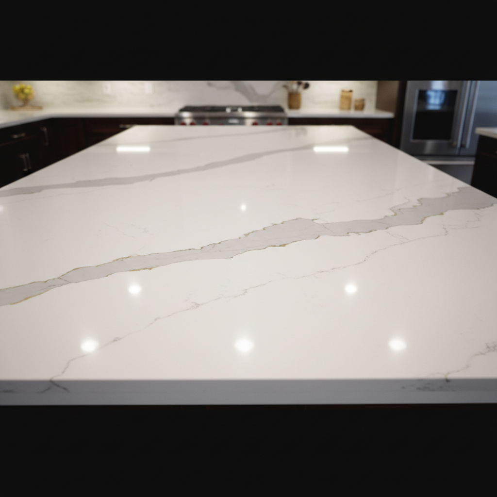 White marble-look quartz countertop with seamless seam in luxury kitchen renovation