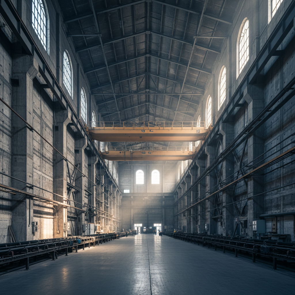 Large industrial manufacturing facility interior with heavy machinery, dim atmospheric lighting, steel floor and overhead cranes