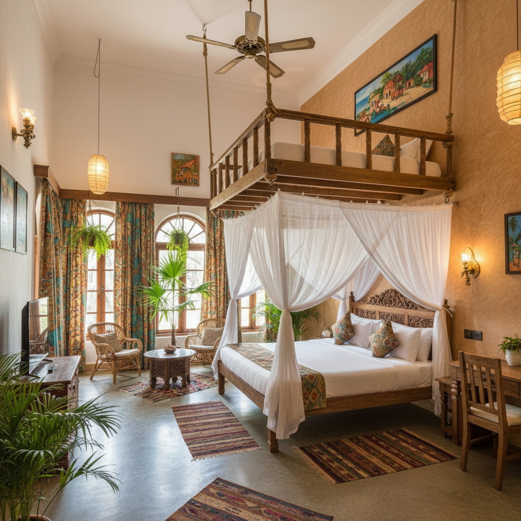 Loft-style master bedroom with high ceilings and large windows