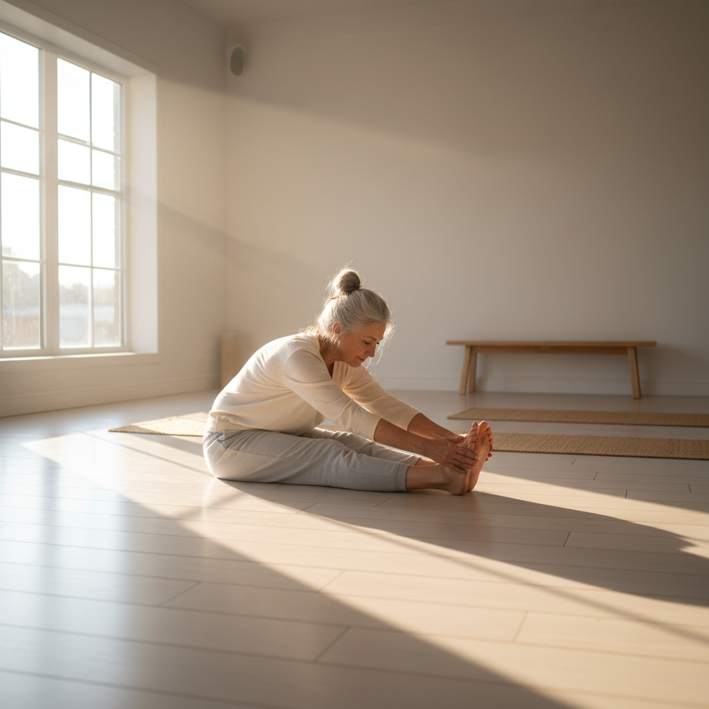 Woman practicing intentional movement in a serene home studio