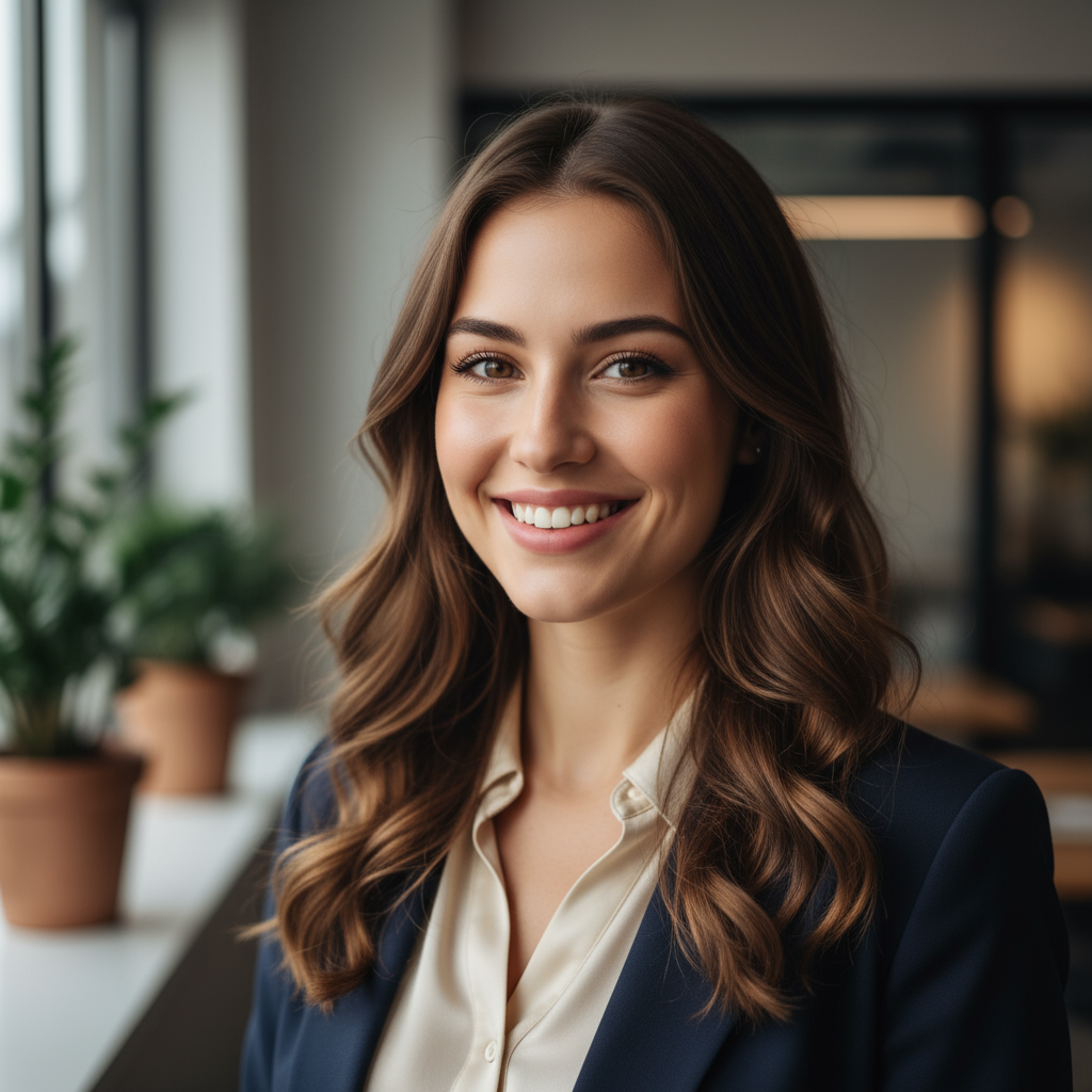 Young woman with blonde hair in casual blue shirt smiling warmly at camera