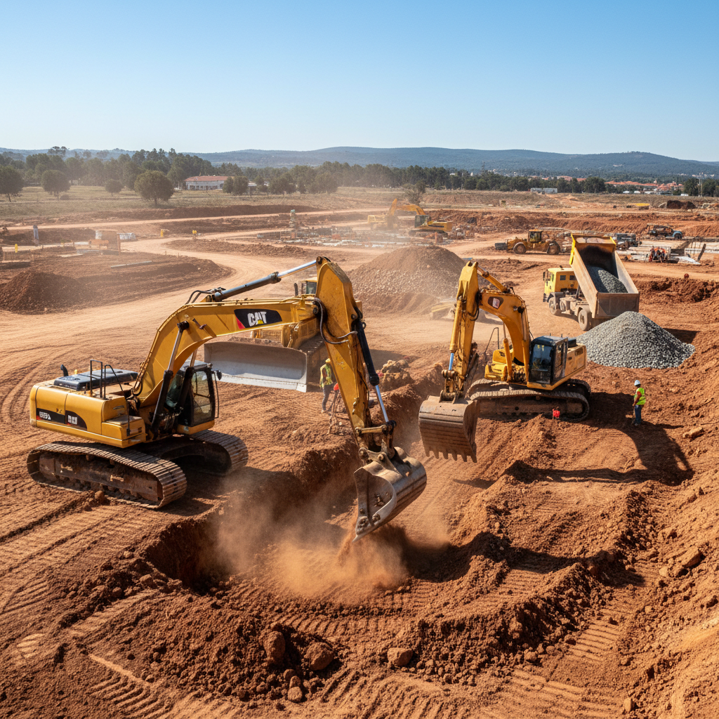 Large excavation site at industrial park, multiple excavators working in deep foundation trenches