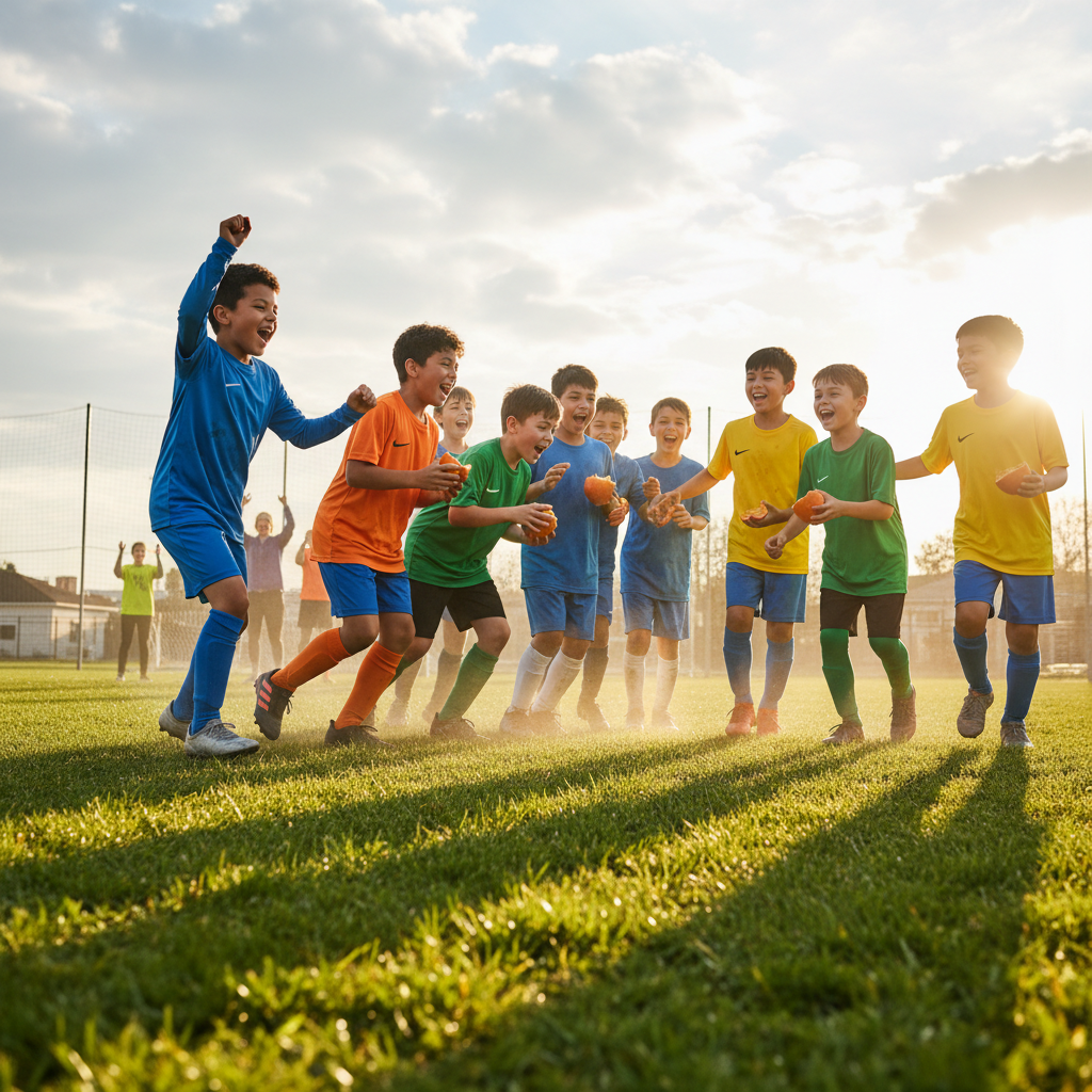 Youth soccer players celebrating on a sun-drenched field with orange slices at halftime
