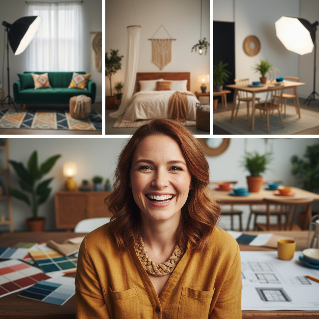 Priya Anand, interior designer specializing in Airbnb staging, smiling in creative studio
