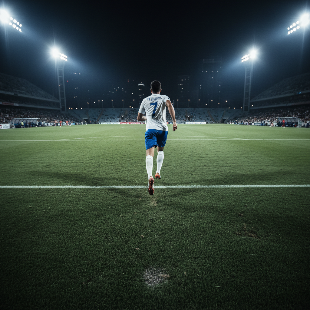 Soccer player running at full speed across a floodlit pitch with long shadows cast by stadium lights
