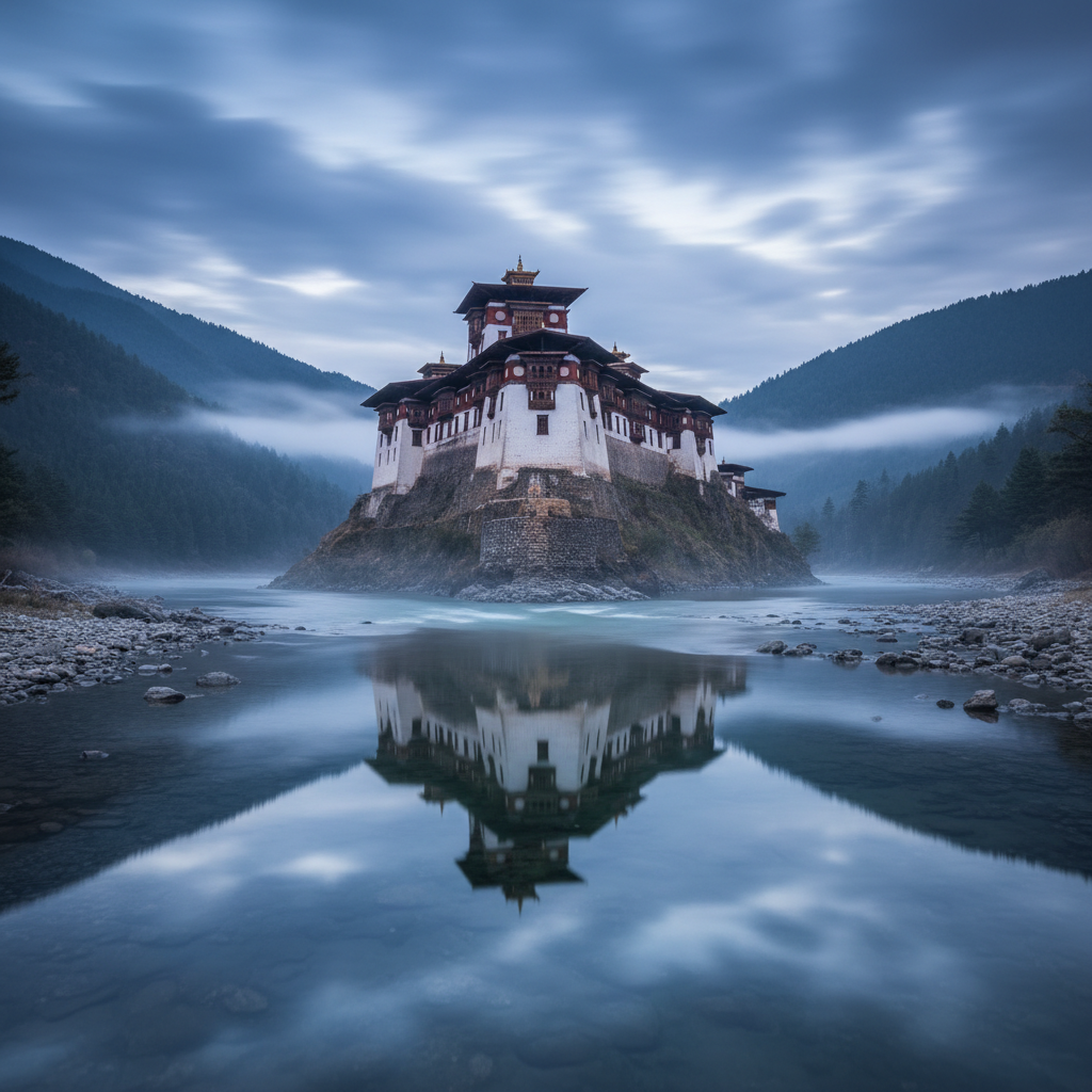 Ancient dzong fortress at blue hour, reflected in the confluence of two rivers, mist rising from the water