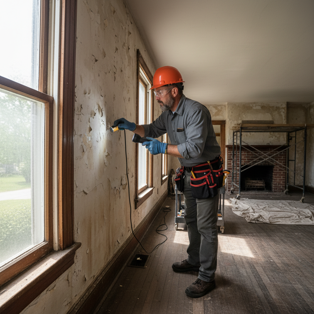 Professional home inspector examining walls and surfaces in an older Michigan home with proper safety equipment and testing tools