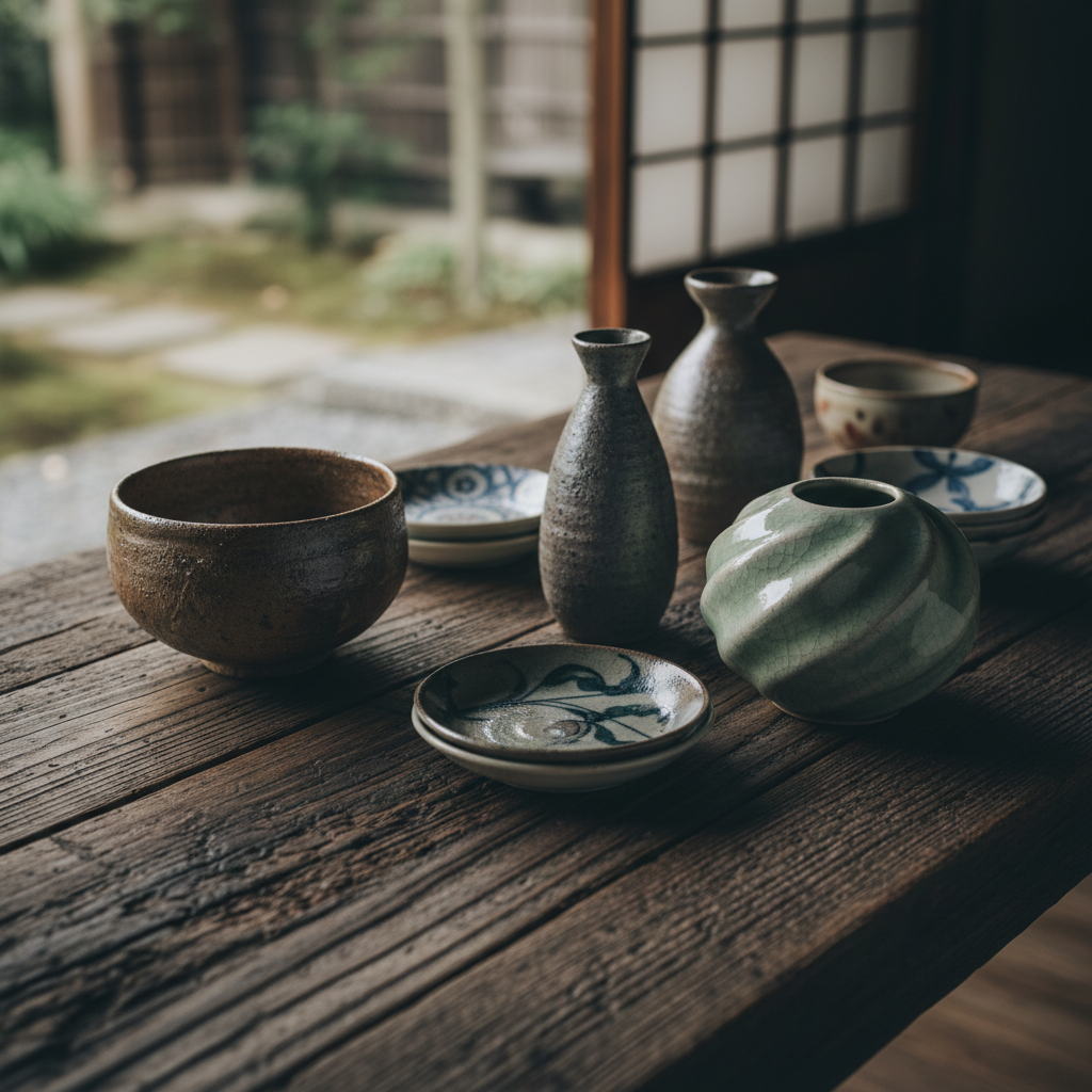 Traditional Japanese ceramic vessels arranged on aged wood in soft diffused light