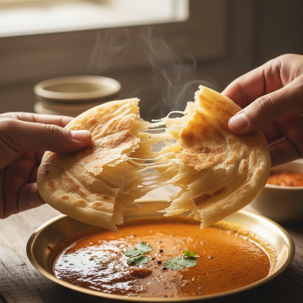 Hands tearing roti, flaky layers separating, dipping into red kari sauce on brass plate