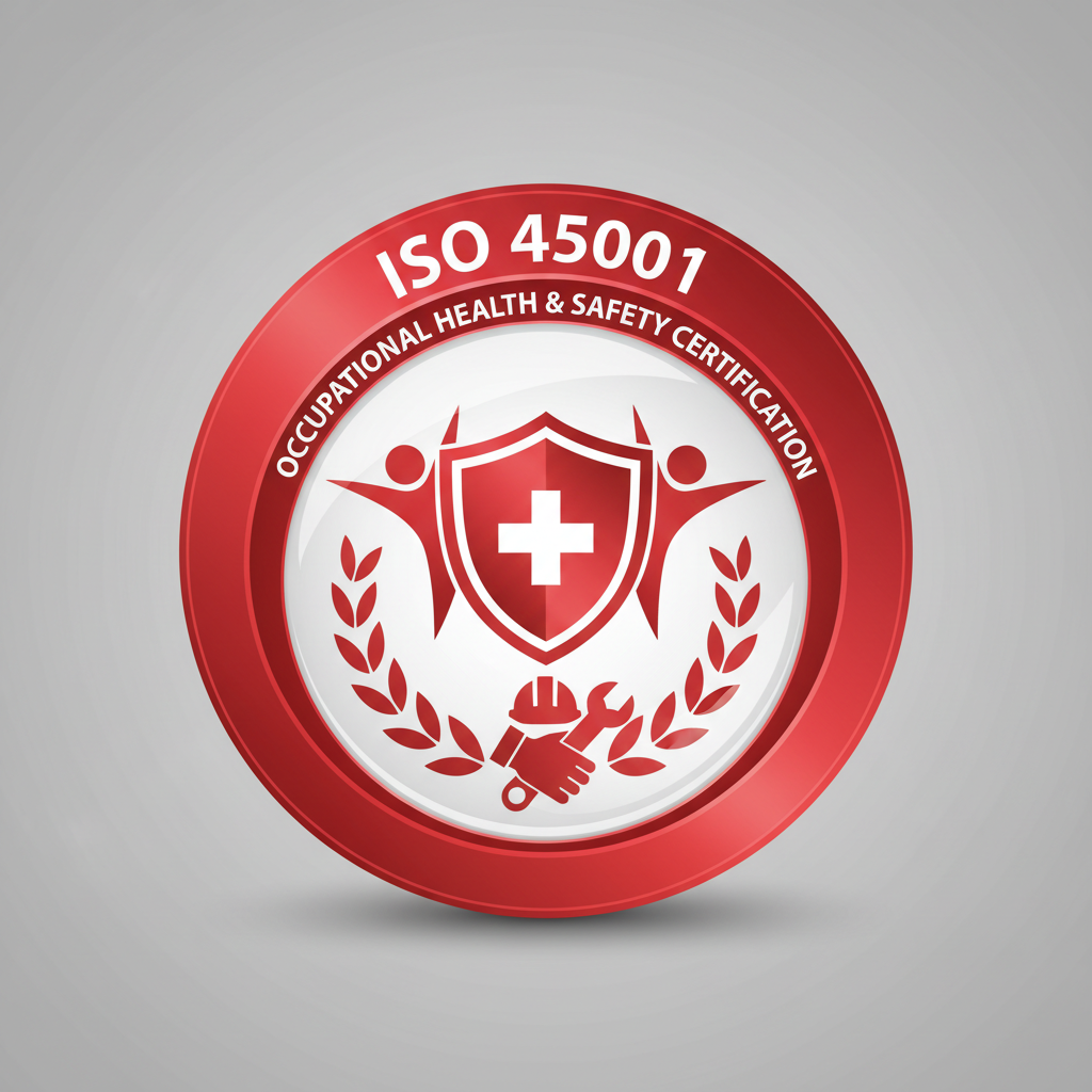 ISO 45001 occupational health and safety certification emblem with protective shield icon