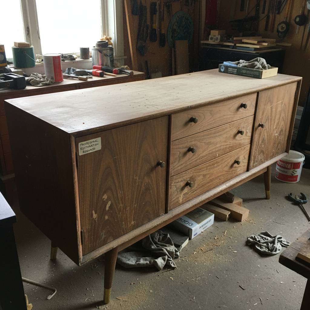 Mid-century credenza before restoration showing worn finish, aged patina and original wood grain needing professional restoration
