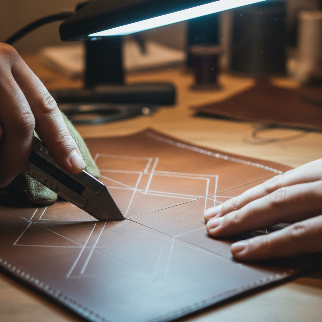 Craftsman cutting leather with sharp knife against steel rule on wooden bench, natural light from window