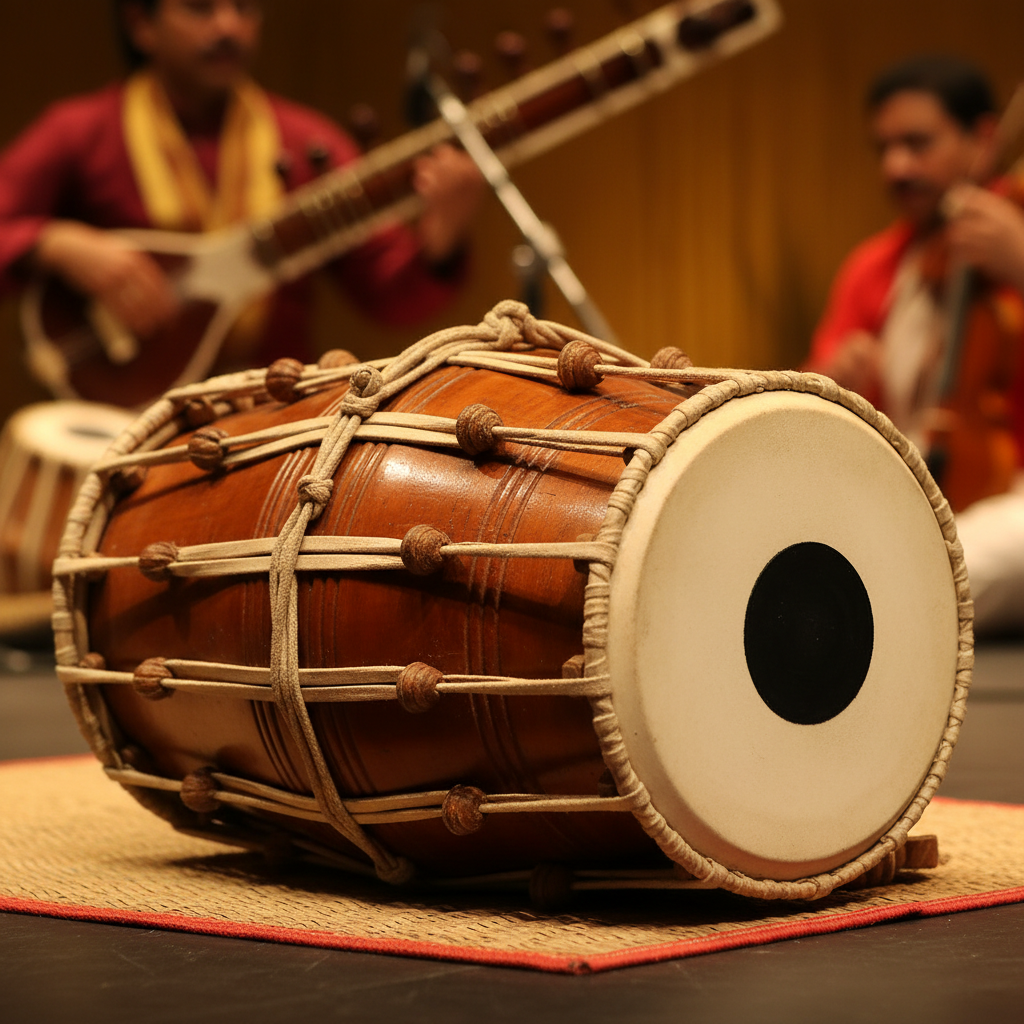 Mridangam percussion instrument during a Carnatic music performance