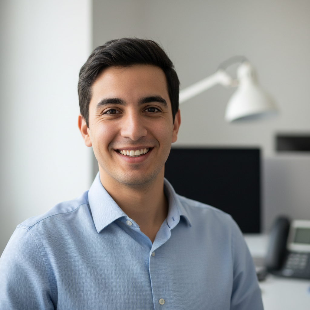 Jeune homme algérien en chemise bleue, regard sérieux et confiant