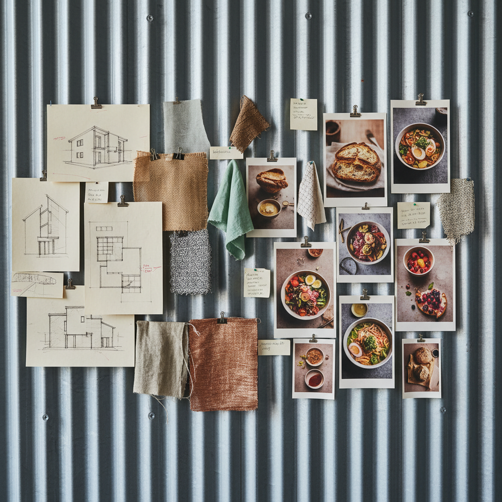 Mood board pinned to corrugated metal wall showing architectural sketches, fabric swatches, and food photography for an industrial venue event