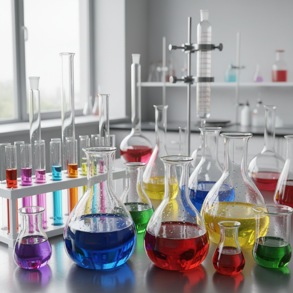 Laboratory glassware with colorful chemical solutions