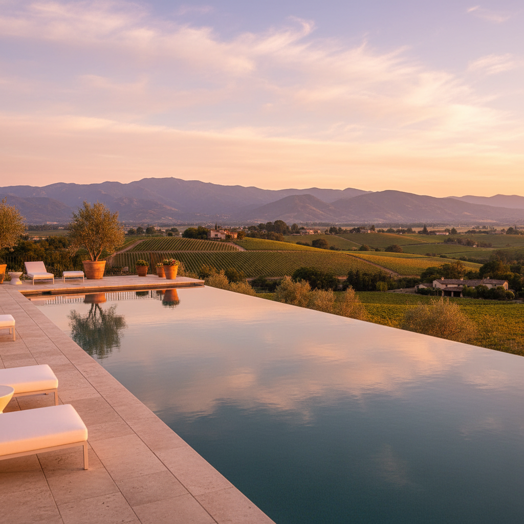 Outdoor infinity pool overlooking Napa Valley vineyard, clear water, bright afternoon sun, loungers on stone deck