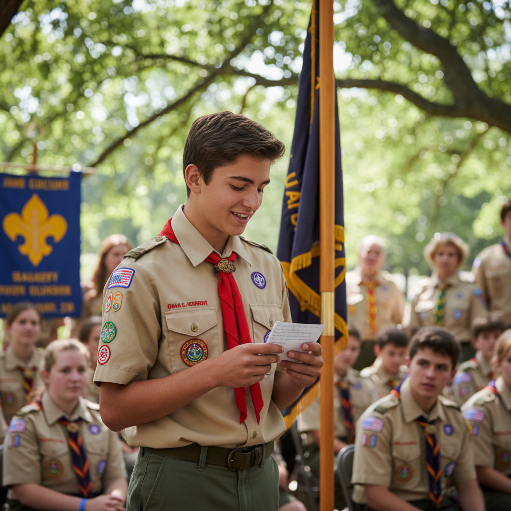 Teenager standing confidently before a group at a scout ceremony, speaking from notes