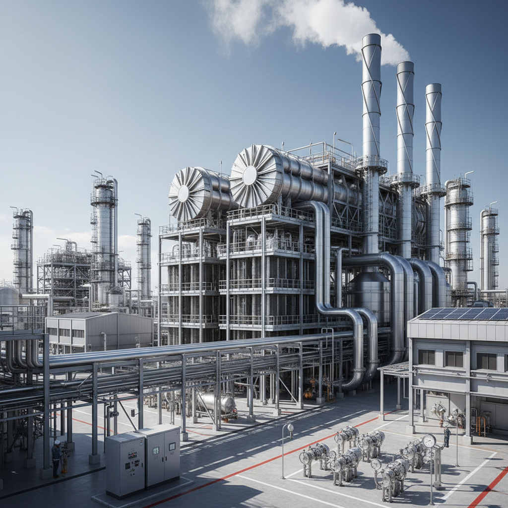 Wide photograph of a modern petrochemical refinery complex with bright industrial lighting, processing towers, pipelines and storage facilities representing international petrochemical commodity trade