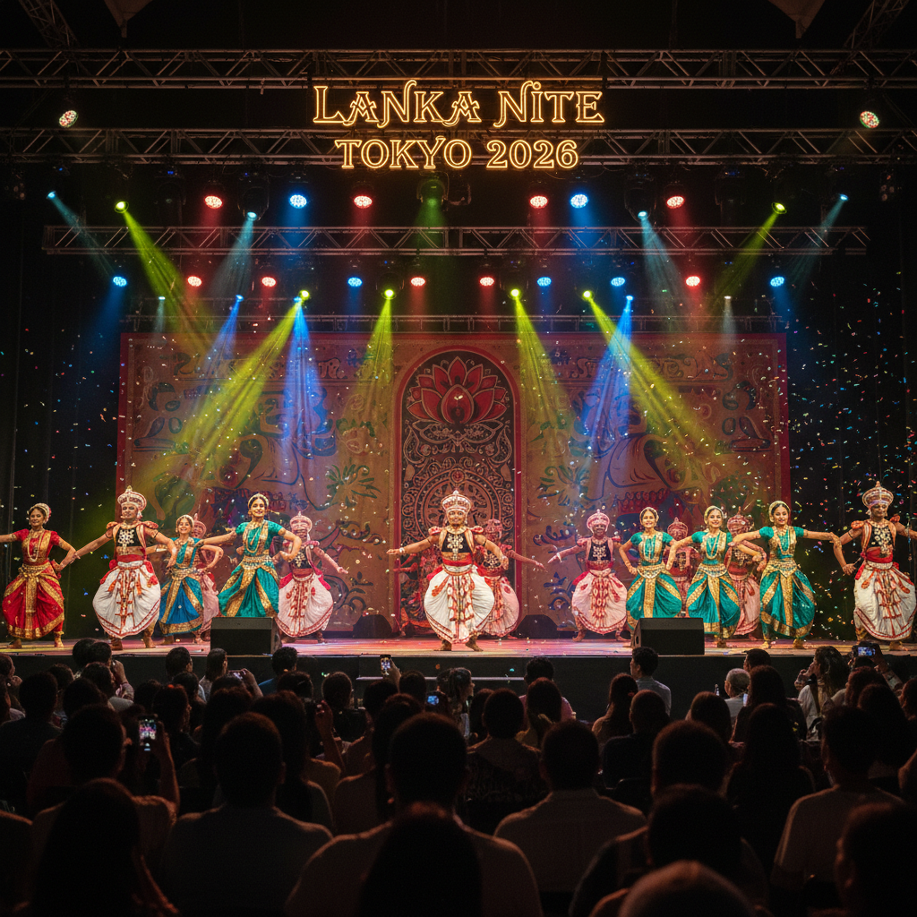 Lanka Nite Tokyo 2026 — vibrant cultural festival stage with colorful traditional Sri Lankan dancers and dramatic lighting
