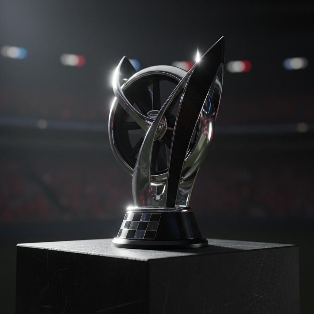 Gold trophy cup against dark background, dramatic studio lighting, deep shadows, atmospheric