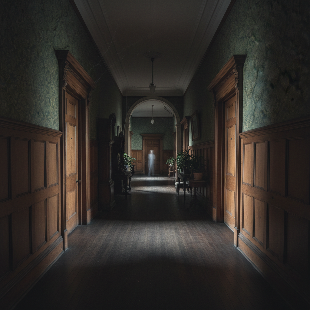 Dimly lit Victorian hallway with shadows suggesting presence, atmospheric paranormal investigation