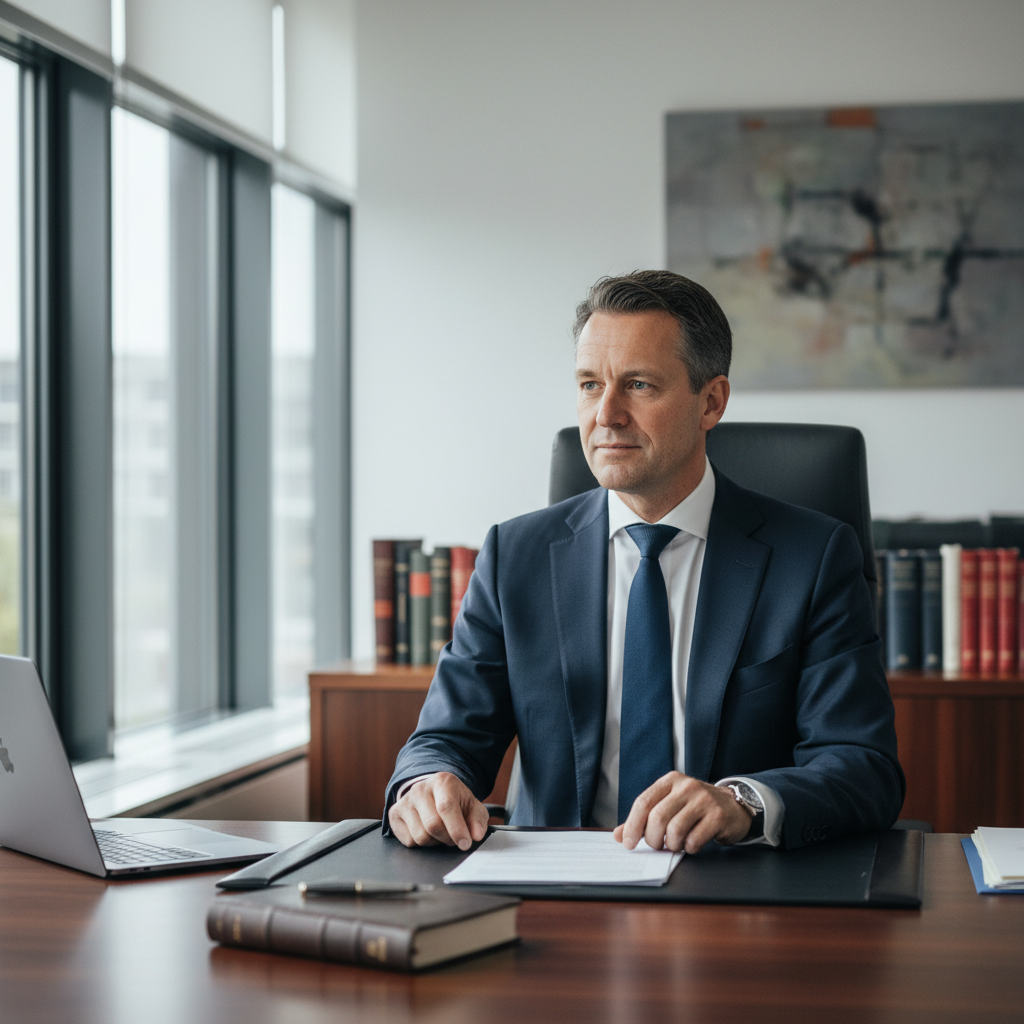Confident Dutch notary professional at desk, bright natural light, professional setting
