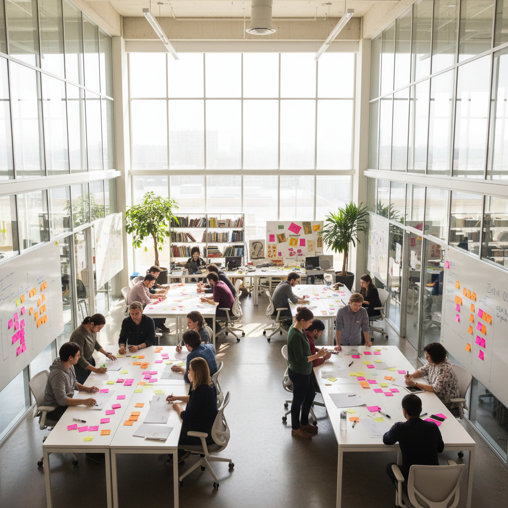 Team brainstorming session with sticky notes on glass wall in modern office