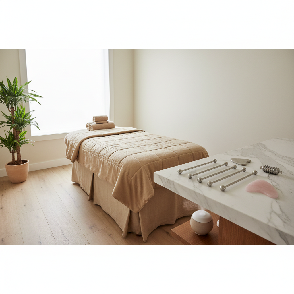 Beauty salon treatment room with warm lighting and tidy workspace