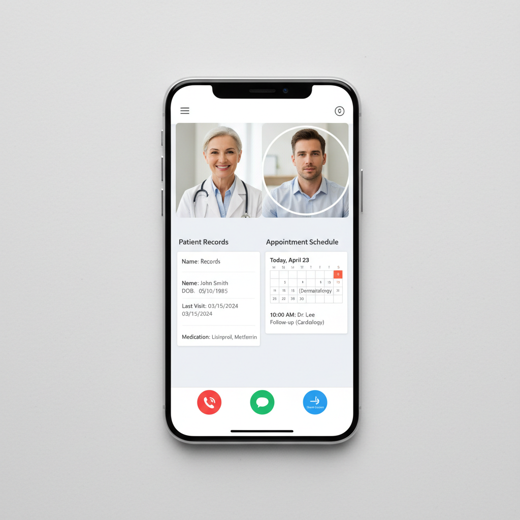 Patient using telehealth engagement app on smartphone showing medication reminders, symptom check-in, and virtual care team messaging