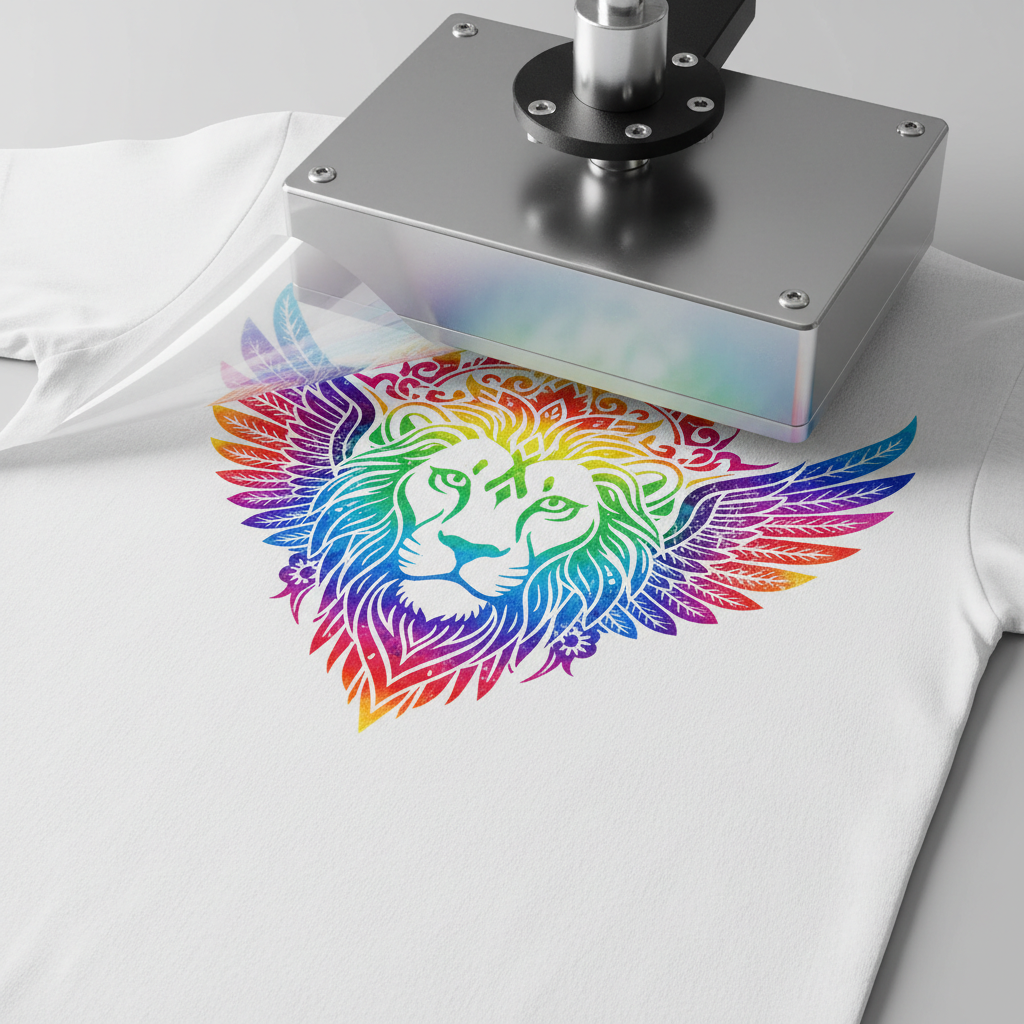 White t-shirt with all-over vibrant pattern DTF transfer print covering front and back