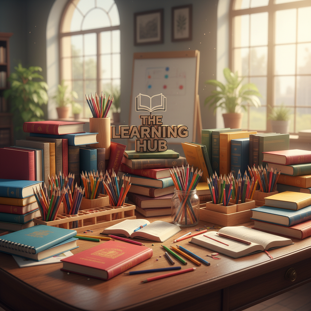 Colourful school stationery labels and personalised books on a bright desk
