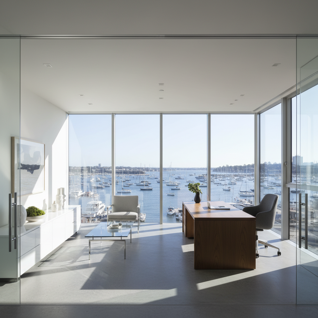 Modern Chicago private office suite with panoramic lake views, neutral tones, ergonomic furniture, and glass-walled conference rooms