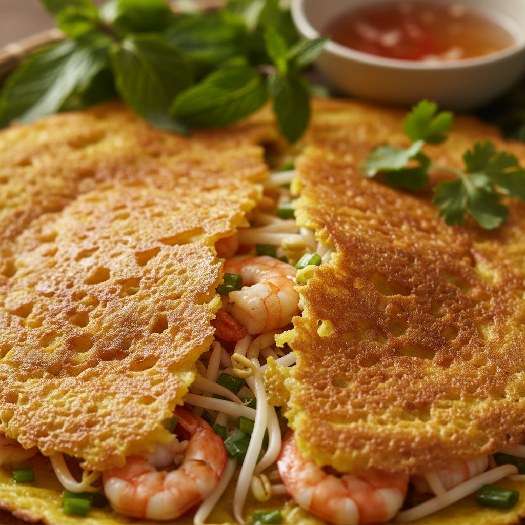 Crispy golden Vietnamese sizzling crepe banh xeo with shrimp and bean sprouts on a white plate with herbs