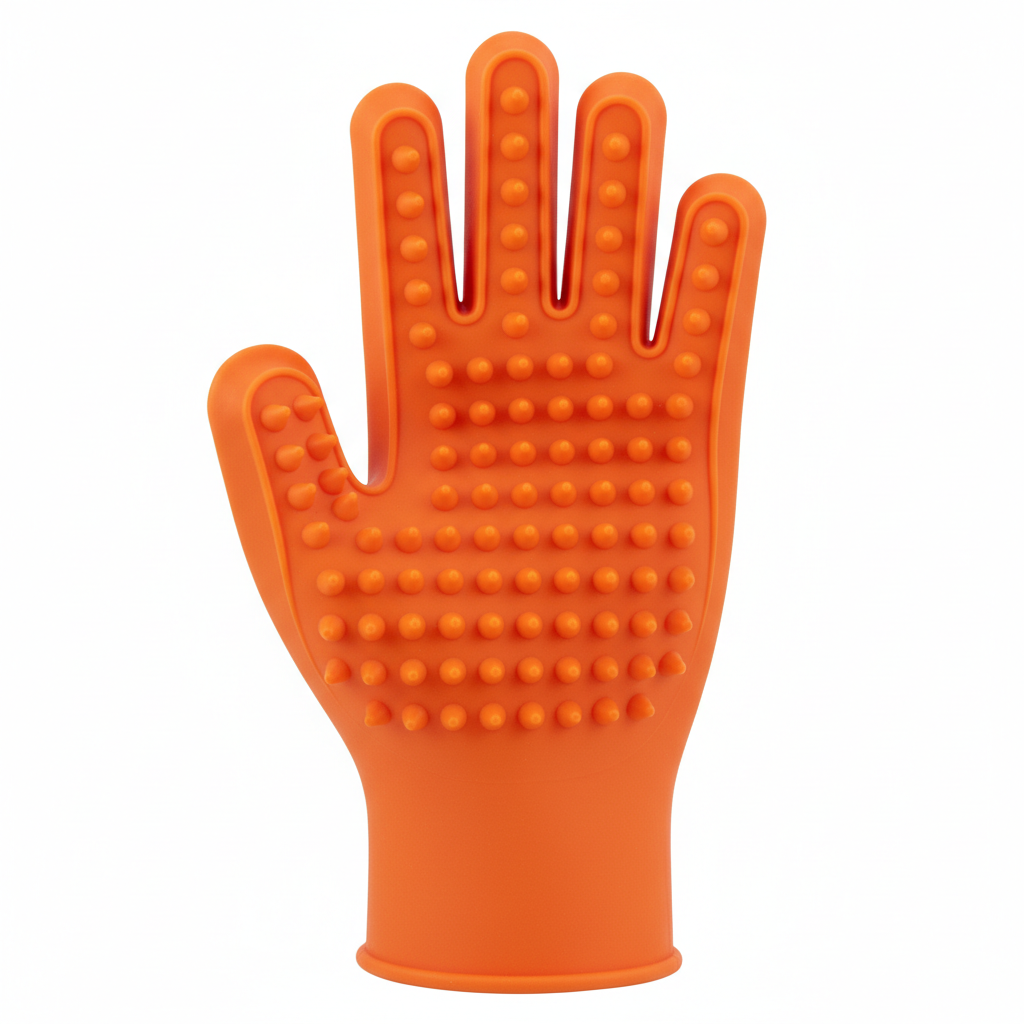 Blue grooming glove with rubber nubs held up against white background