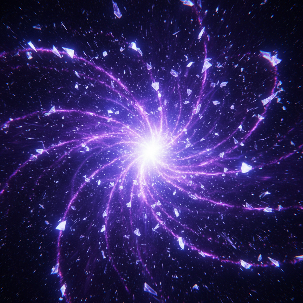 Magical purple and blue energy burst with light particles exploding outward