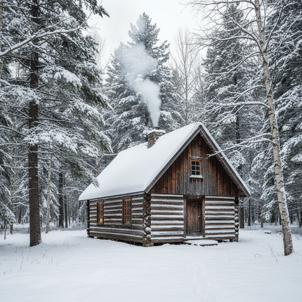 Tiny house with snow-covered roof in Vermont winter forest, smoke from chimney