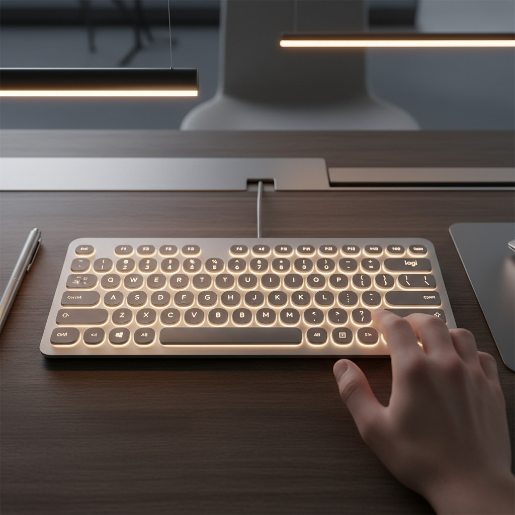 Hands typing on a clean white keyboard, bright natural light, minimal desk setup