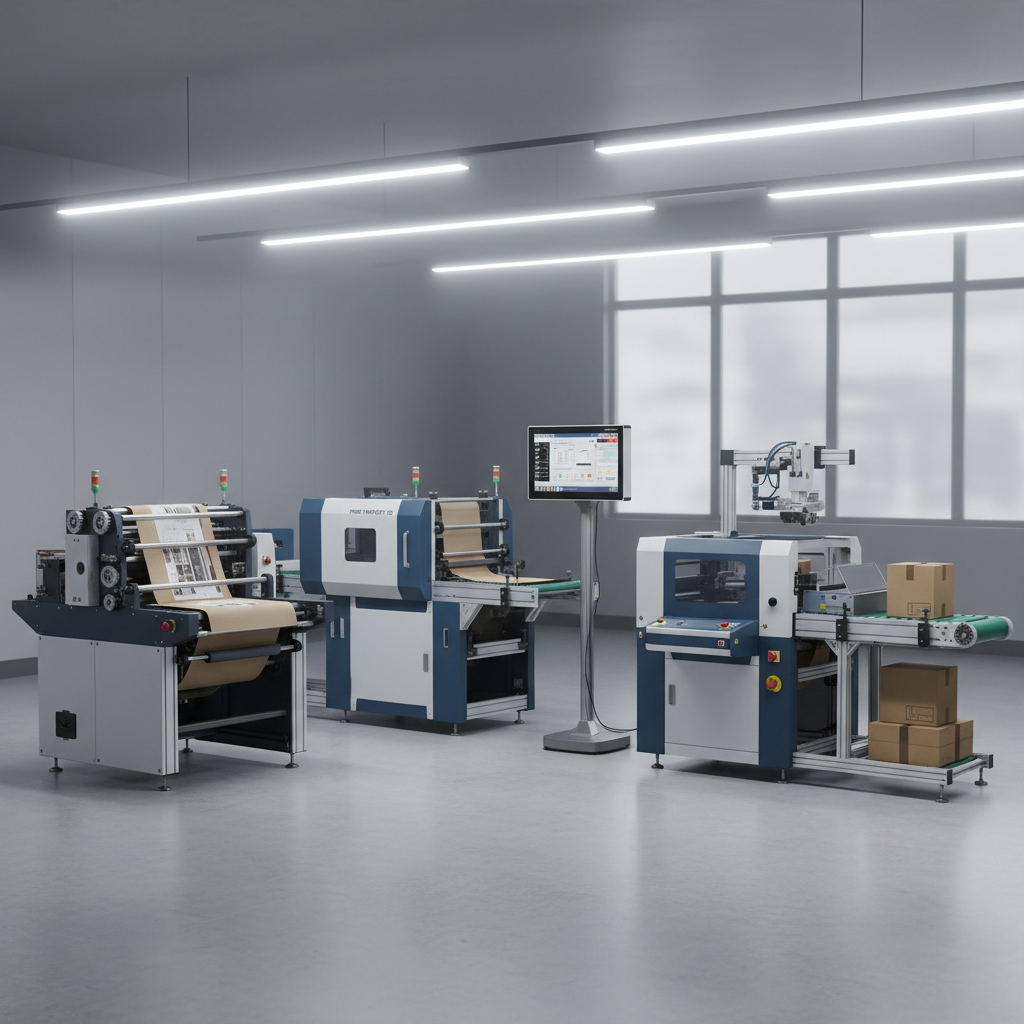 Modern branding production facility with printing machines, professional industrial setting, bright clean workspace